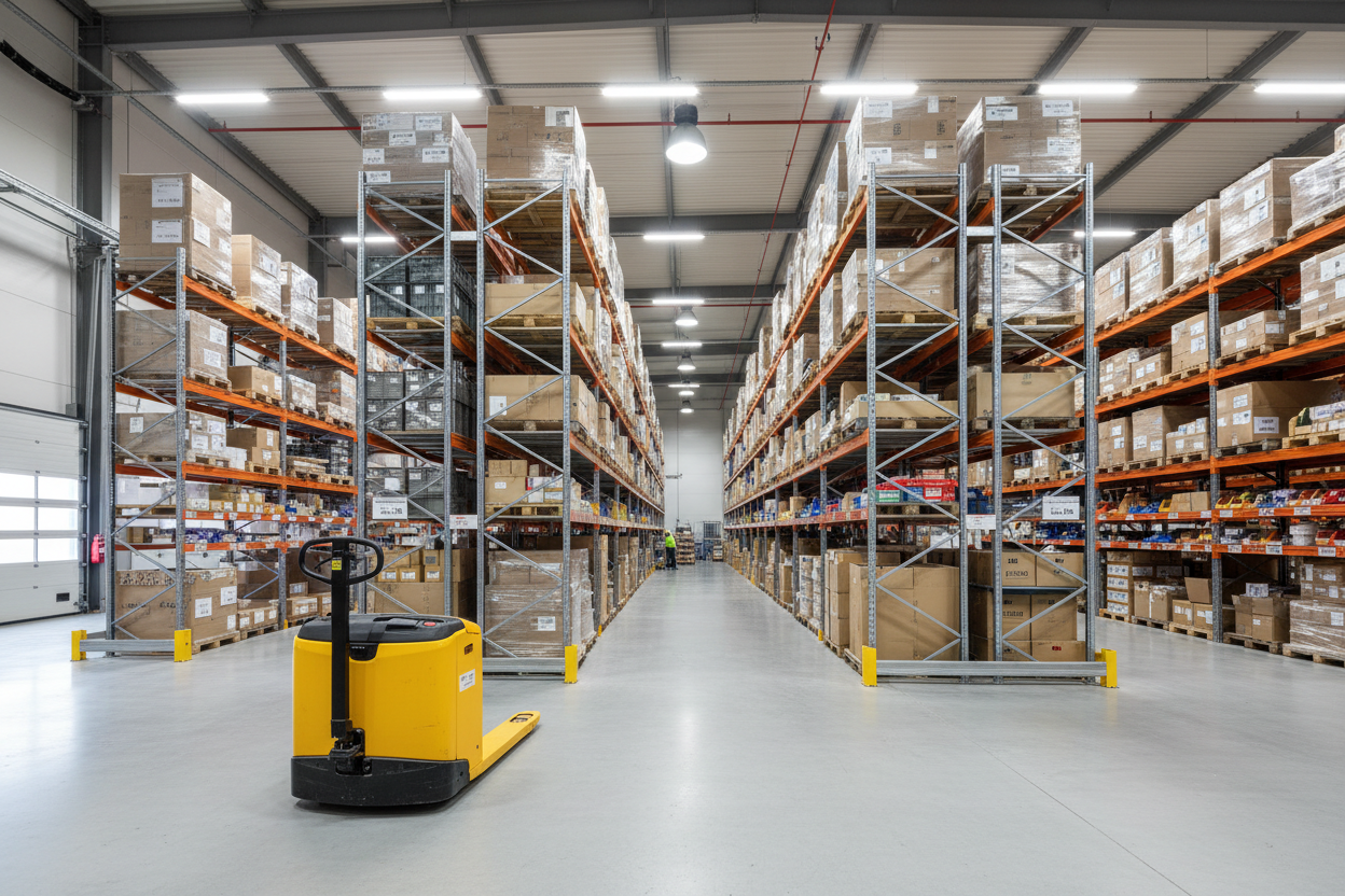 Lagerhalle mit Regalen bis zur Decke und Hubwagen